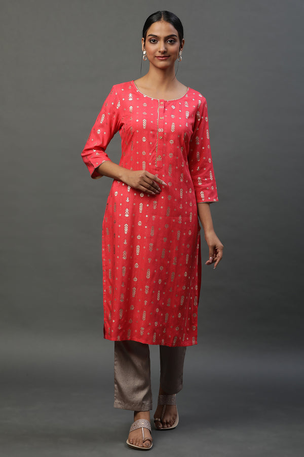 Pink Foil Printed Straight Festive Kurta
