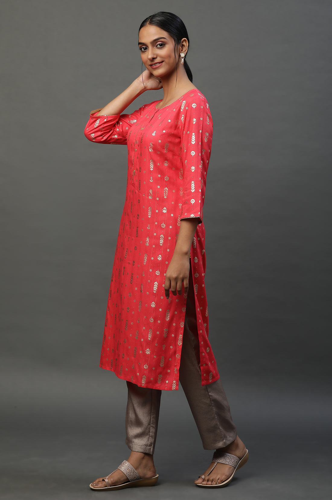 Pink Foil Printed Straight Festive Kurta