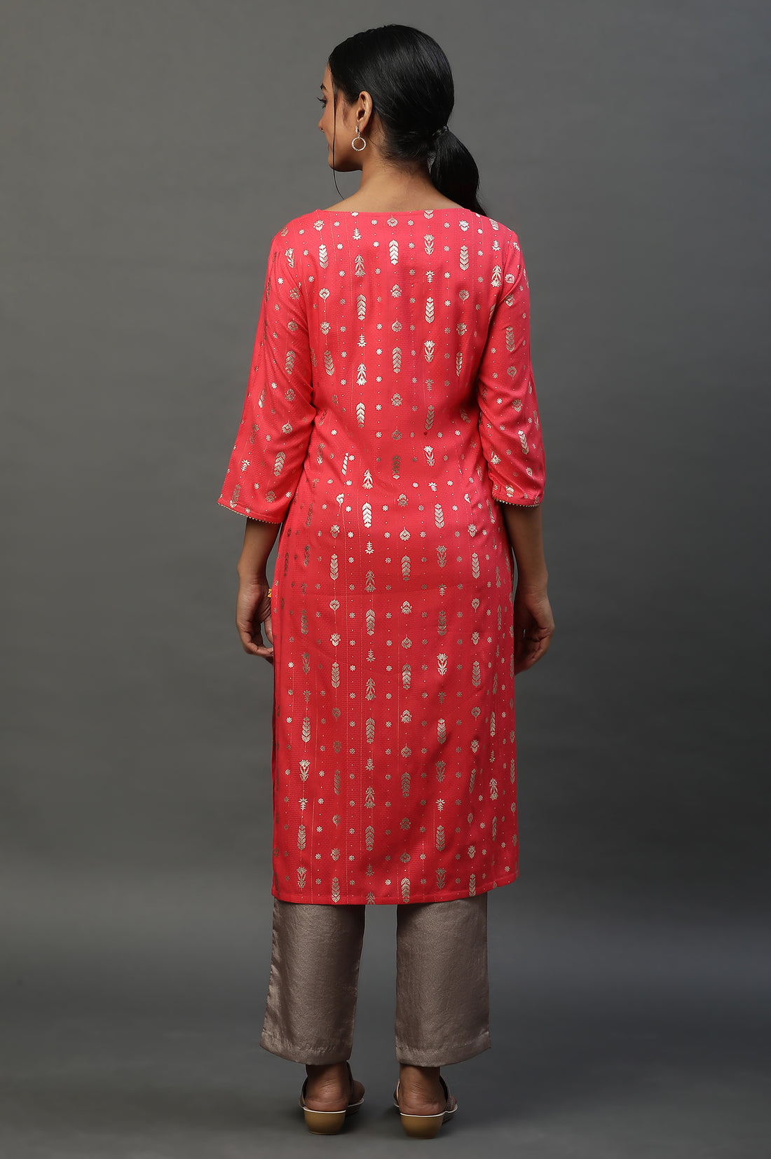 Pink Foil Printed Straight Festive Kurta
