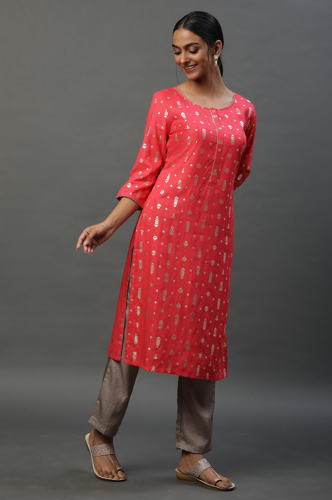 Pink Foil Printed Straight Festive Kurta