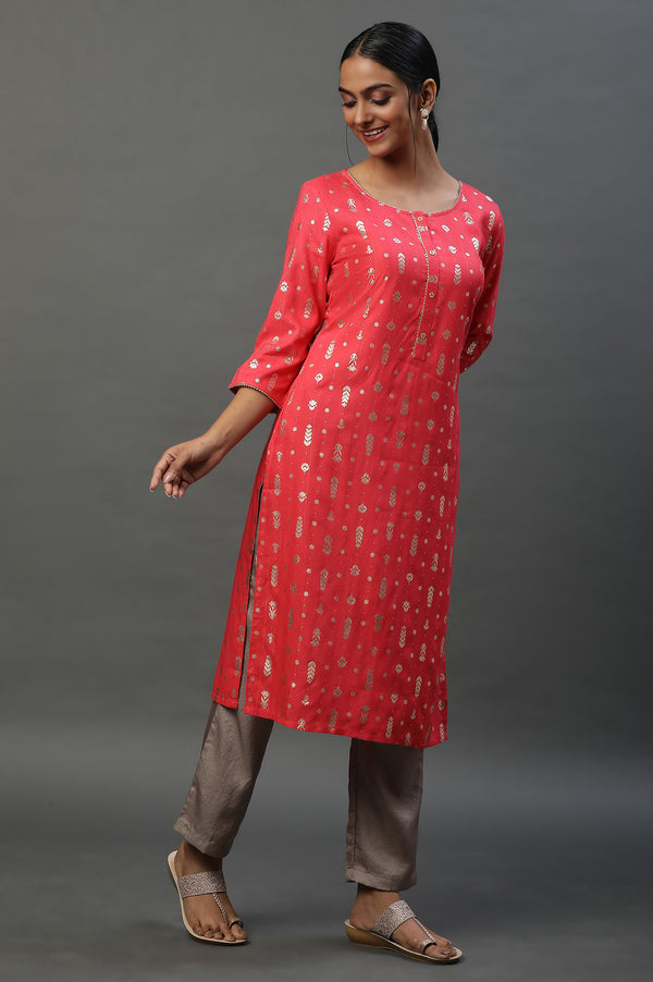 Pink Foil Printed Straight Festive Kurta