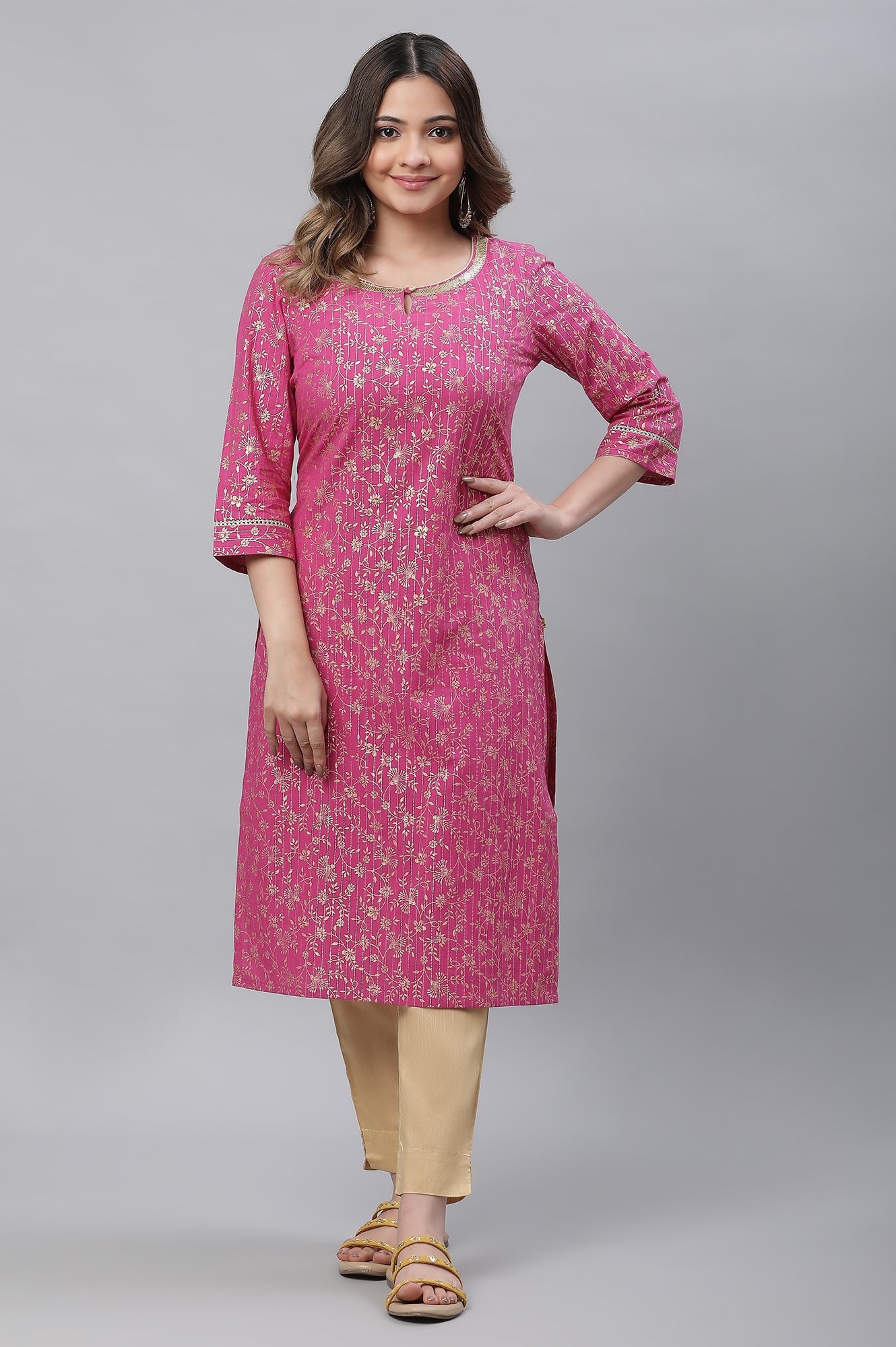 Pink Foil Printed Festive Kurta with Sequin Lace