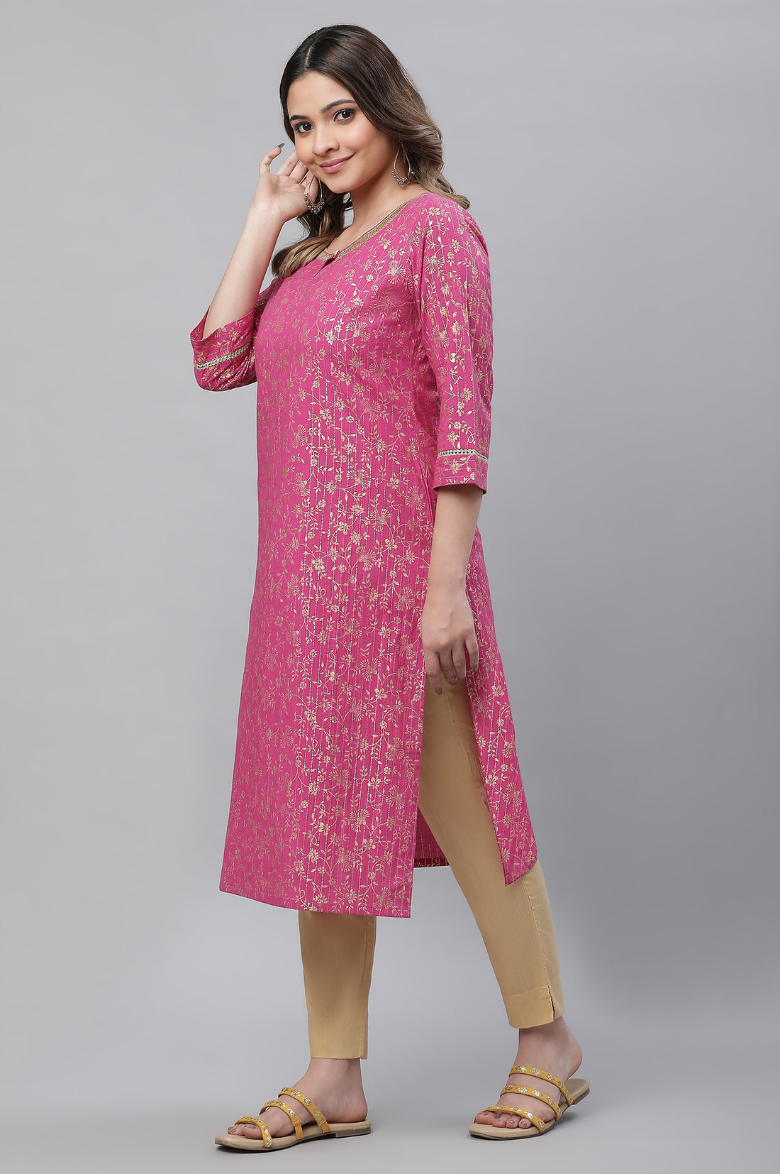 Pink Foil Printed Festive Kurta with Sequin Lace