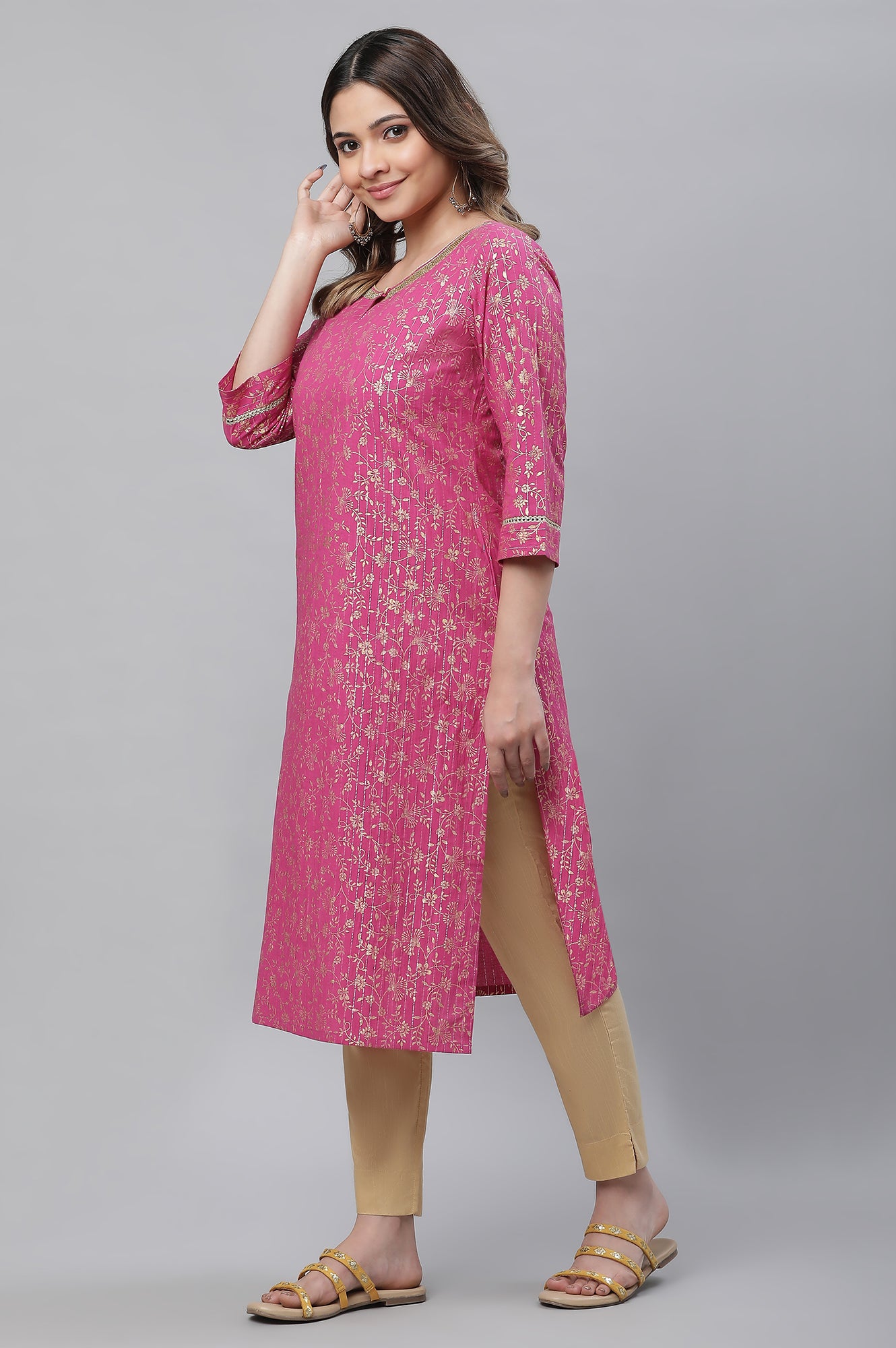 Pink Foil Printed Festive Kurta with Sequin Lace