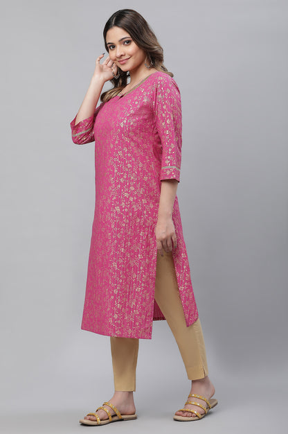 Pink Foil Printed Festive Kurta with Sequin Lace