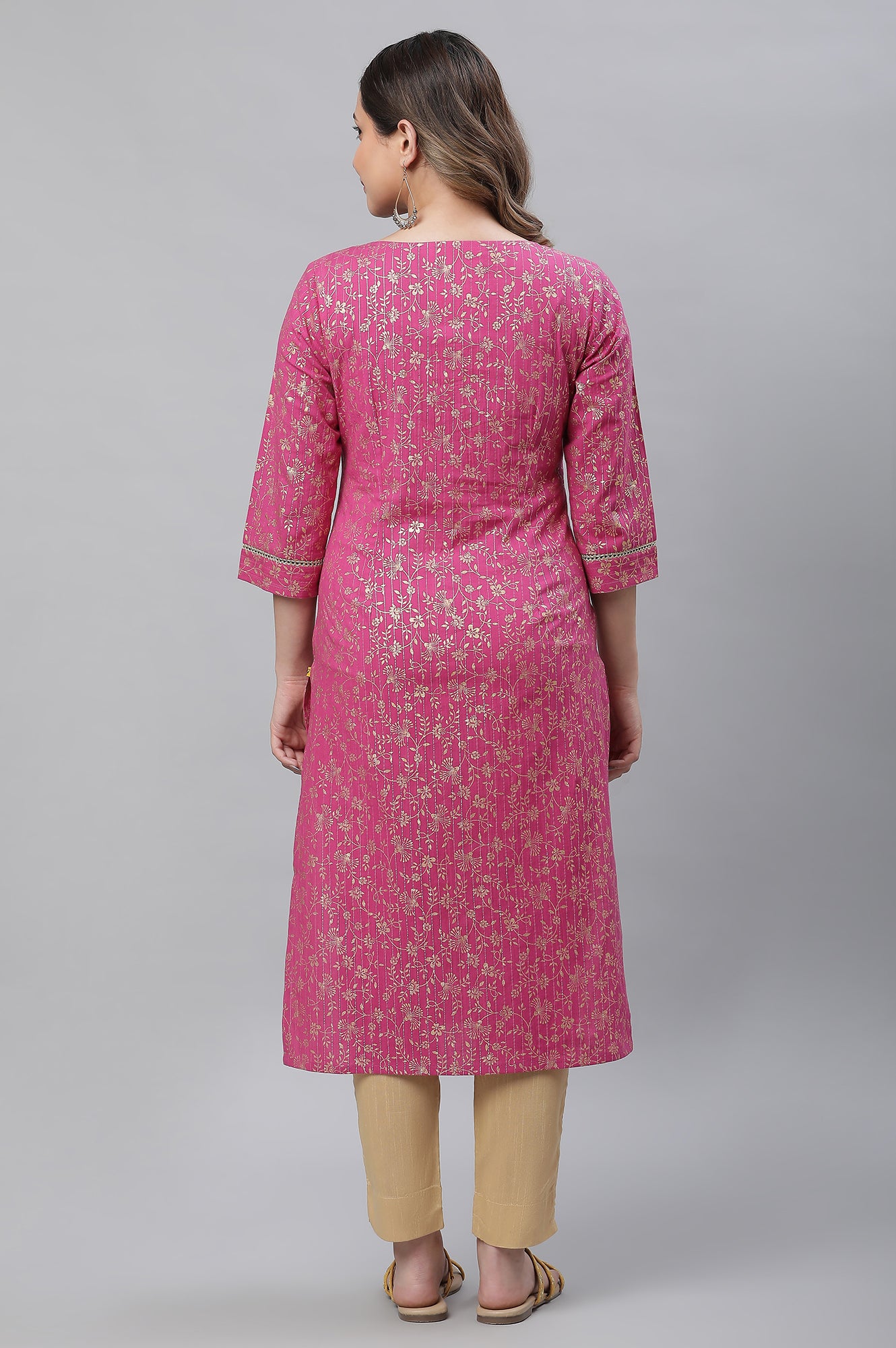 Pink Foil Printed Festive Kurta with Sequin Lace