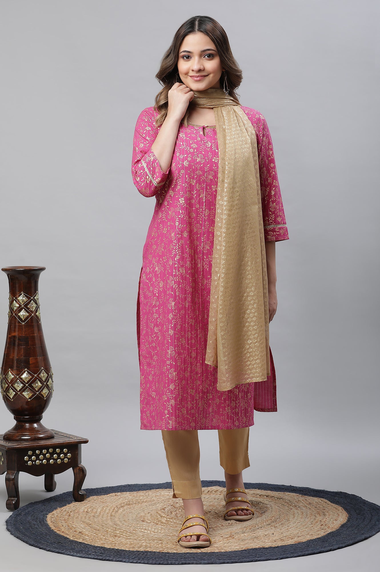 Pink Foil Printed Festive Kurta with Sequin Lace