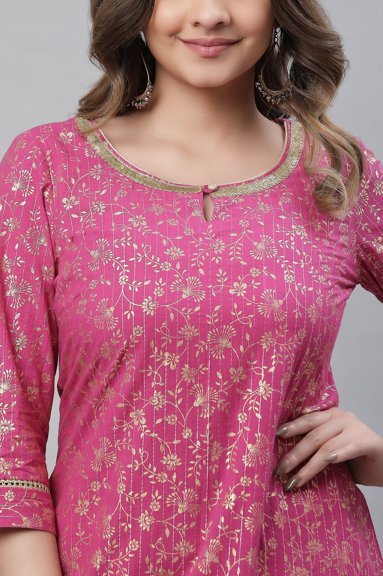 Pink Foil Printed Festive Kurta with Sequin Lace