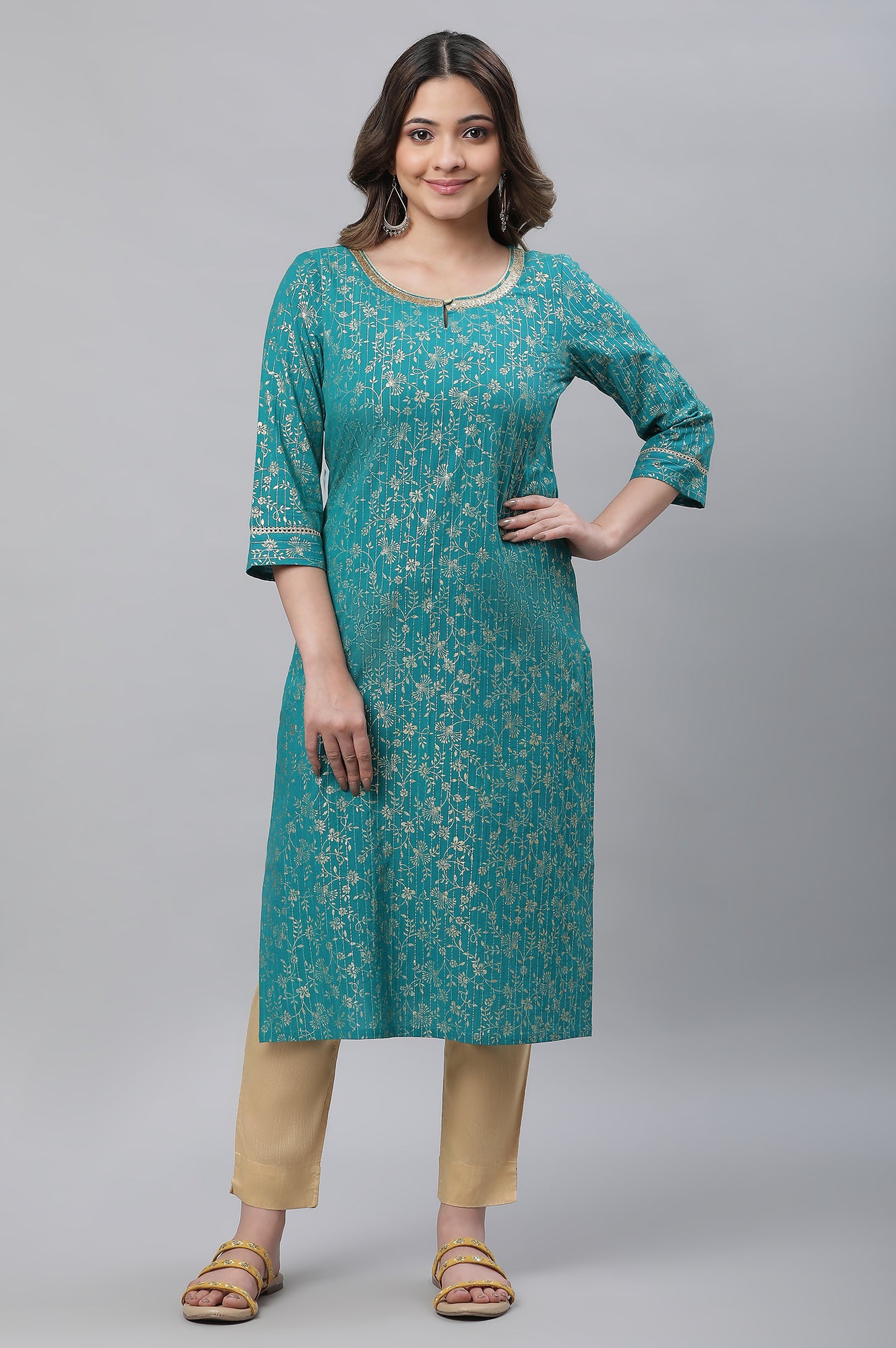 Green Foil Printed Festive Kurta with Sequin Lace