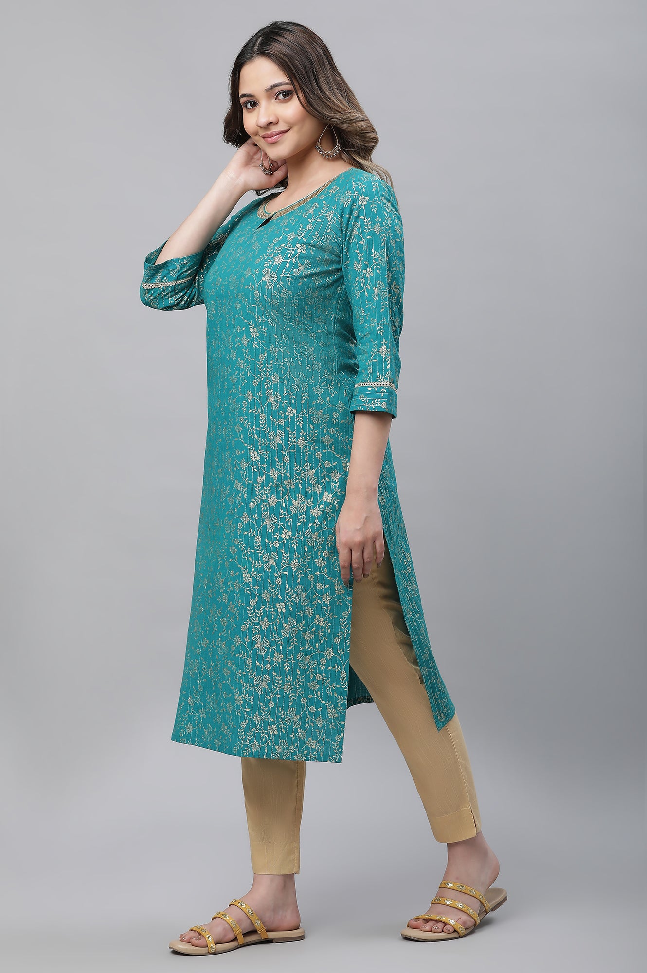 Green Foil Printed Festive Kurta with Sequin Lace