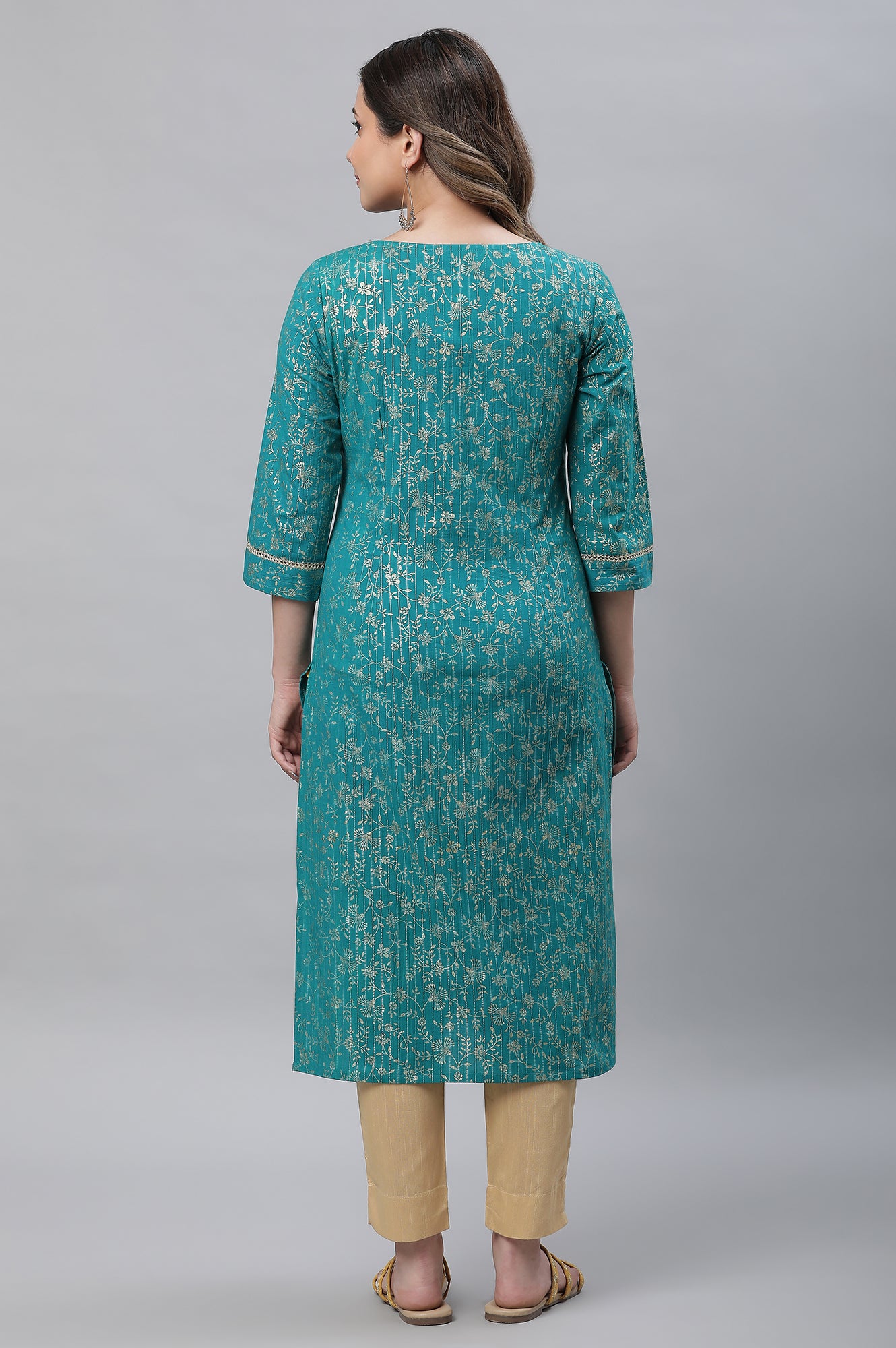 Green Foil Printed Festive Kurta with Sequin Lace