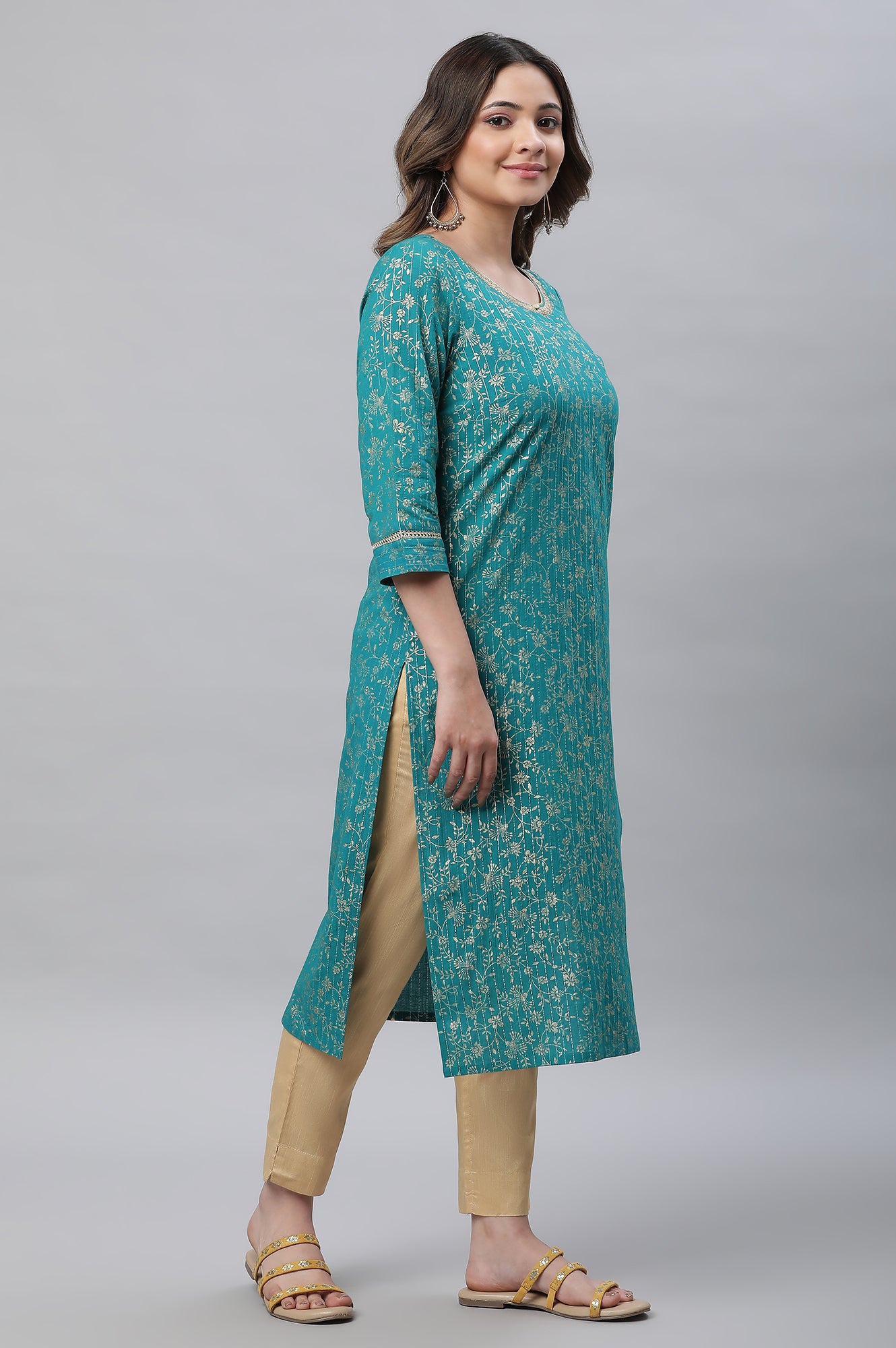 Green Foil Printed Festive Kurta with Sequin Lace