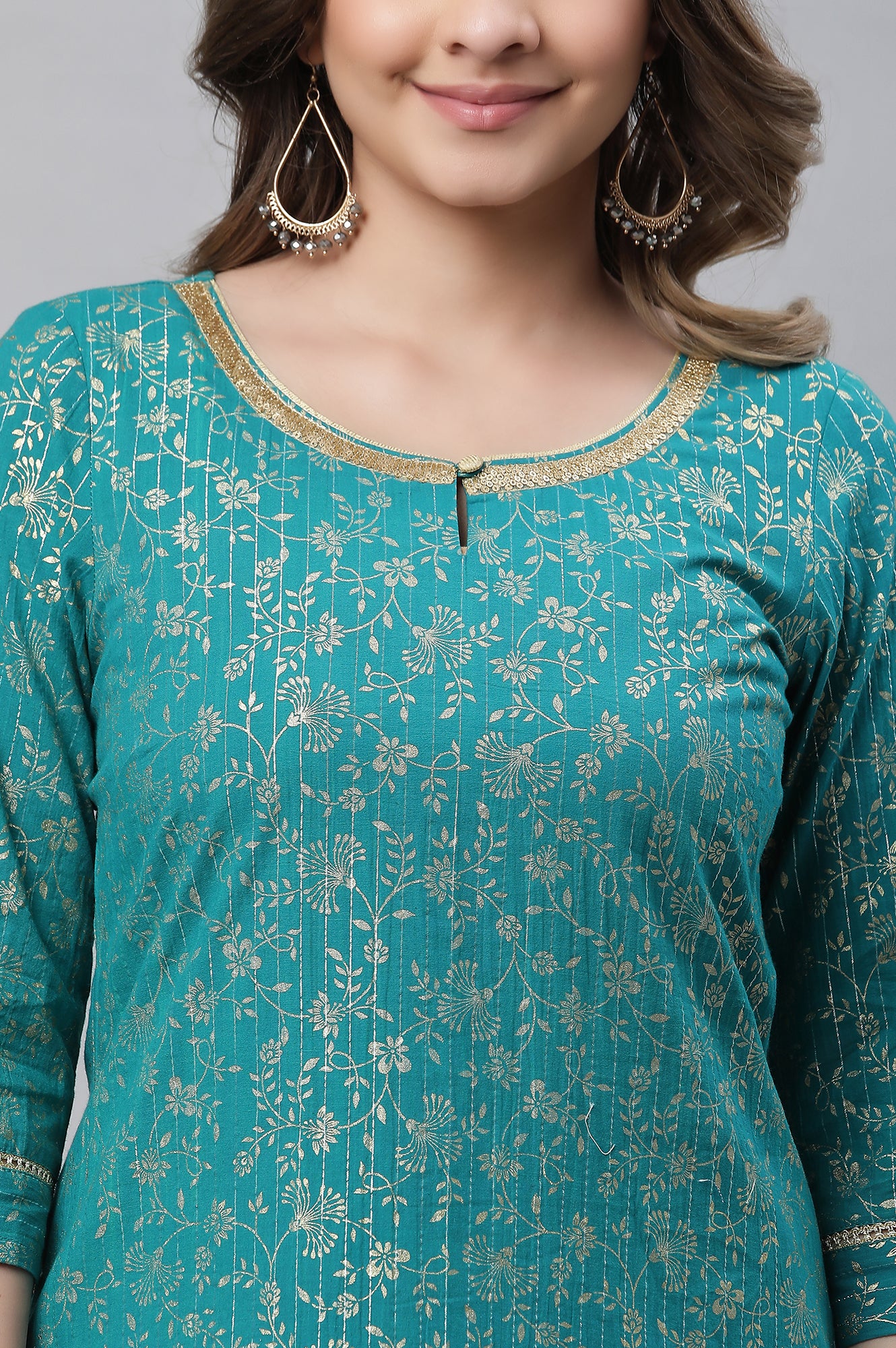 Green Foil Printed Festive Kurta with Sequin Lace