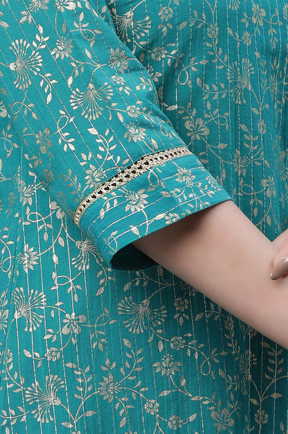 Green Foil Printed Festive Kurta with Sequin Lace