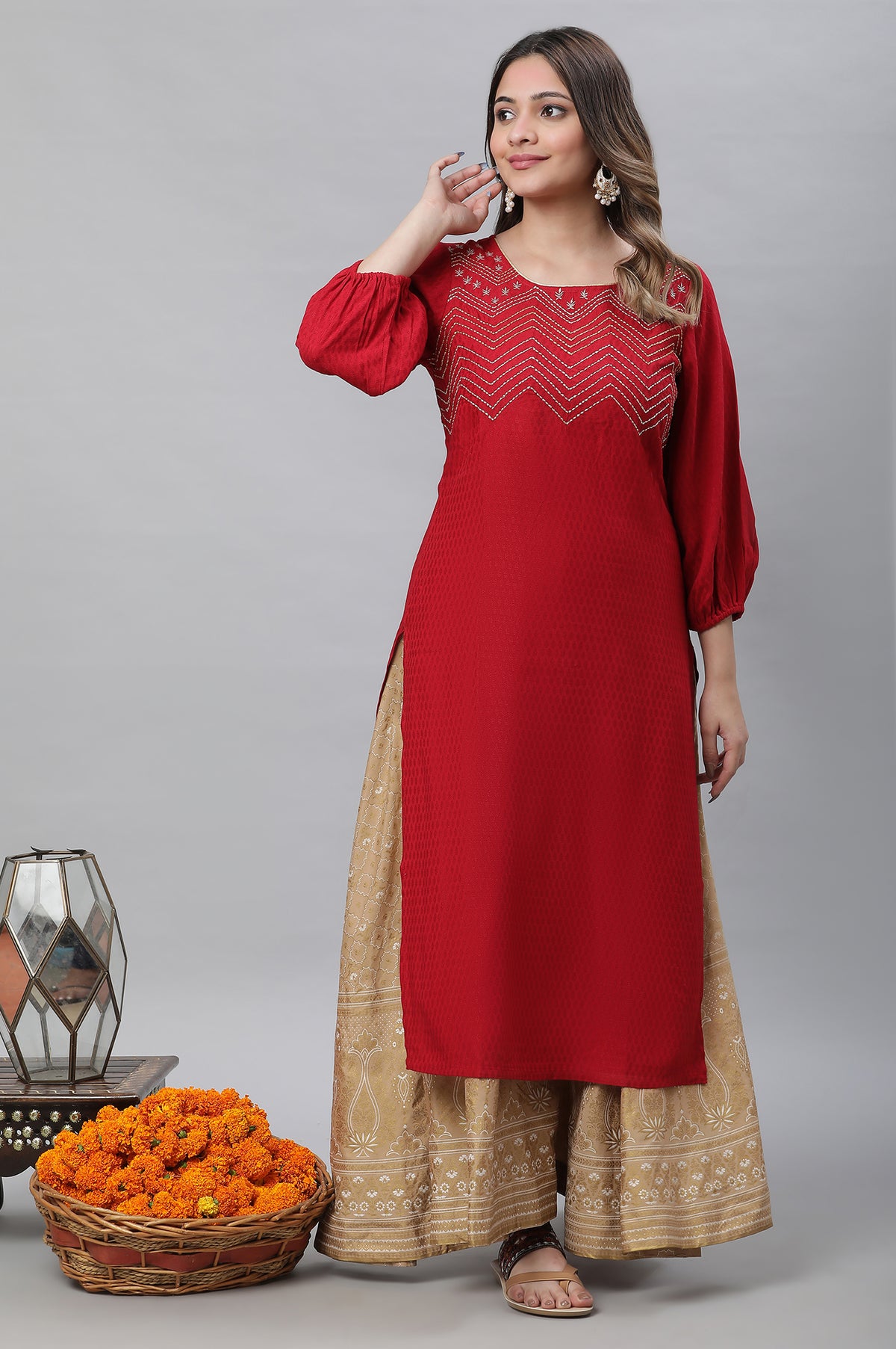 Red Textured Rayon Embroidered Kurta - XS