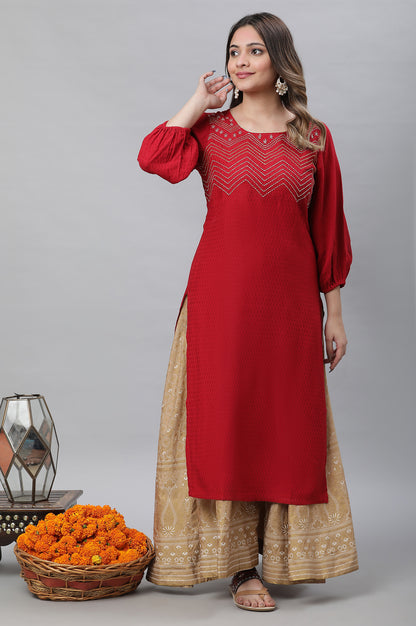 Red Textured Rayon Embroidered Kurta