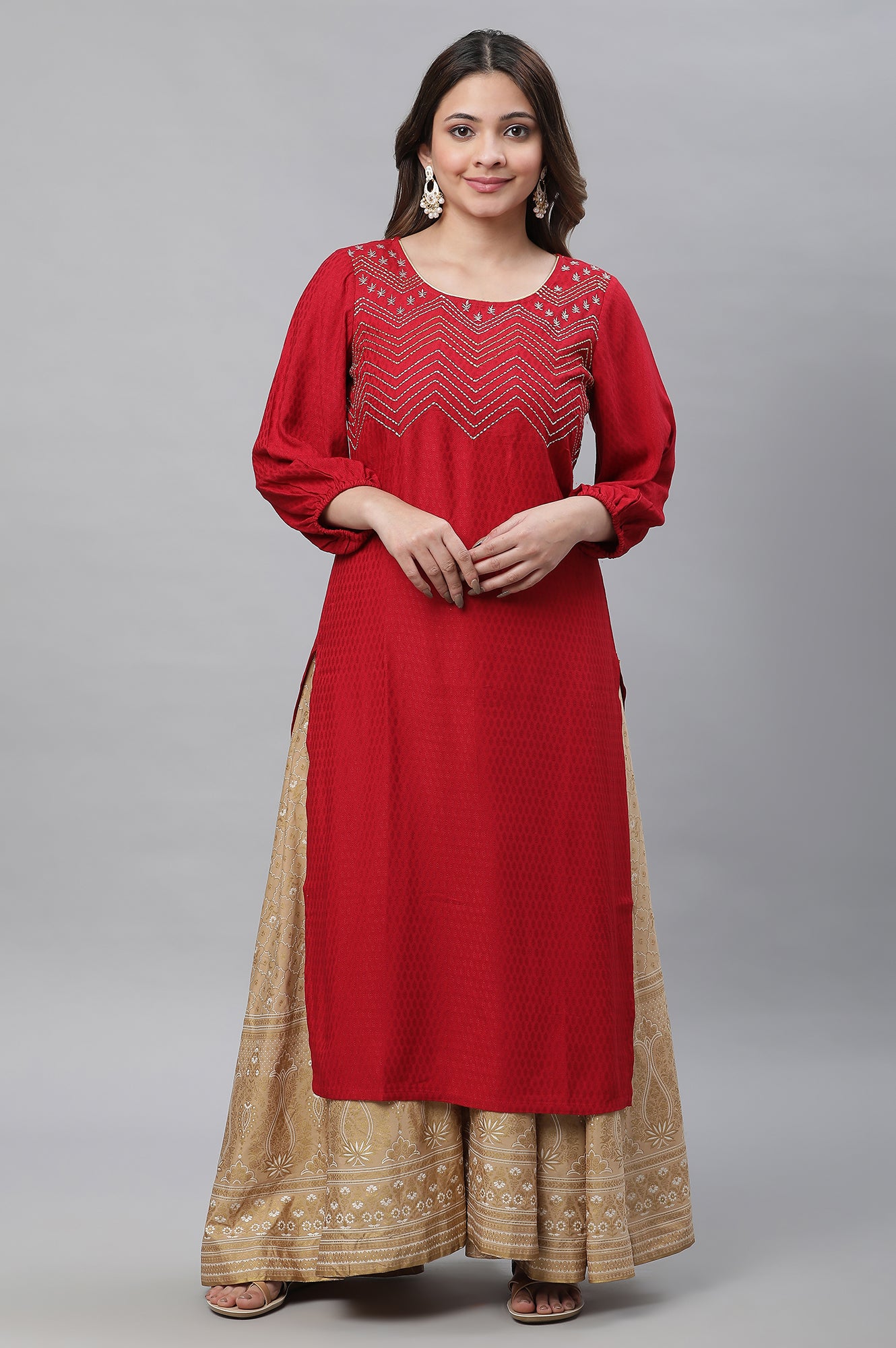 Red Textured Rayon Embroidered Kurta