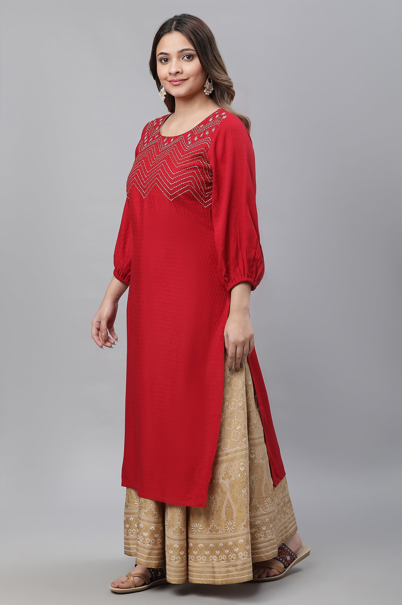 Red Textured Rayon Embroidered Kurta