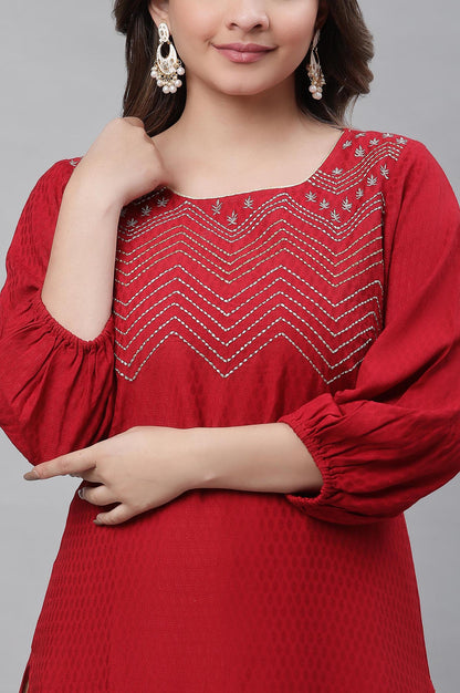 Red Textured Rayon Embroidered Kurta