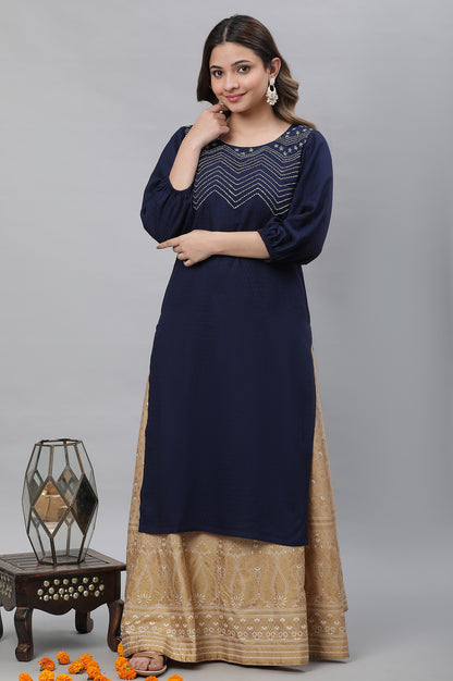 Blue Textured Rayon Embroidered Kurta