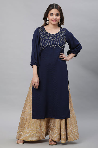 Blue Textured Rayon Embroidered Kurta