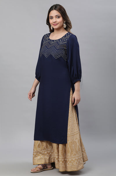 Blue Textured Rayon Embroidered Kurta
