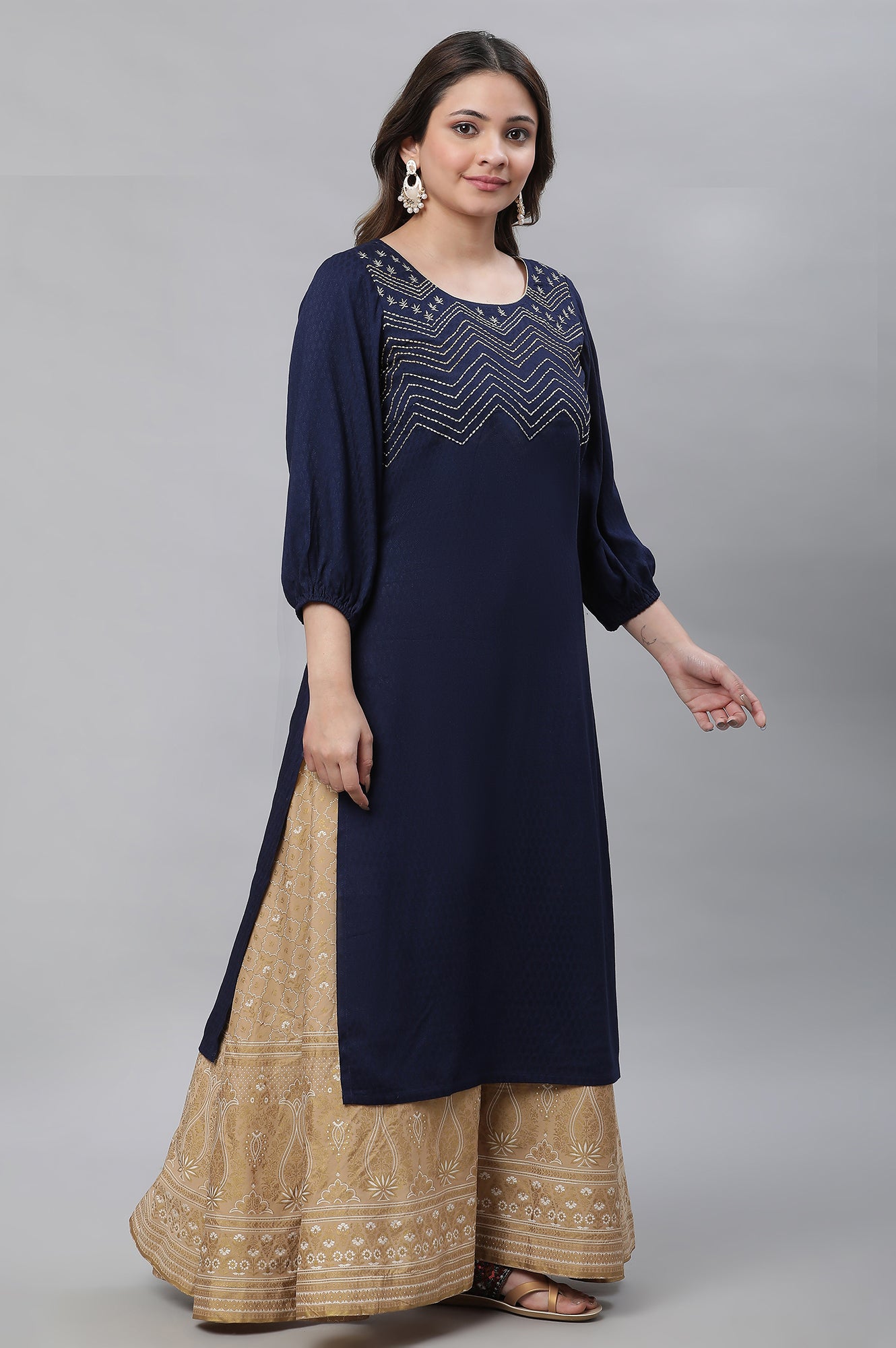 Blue Textured Rayon Embroidered Kurta