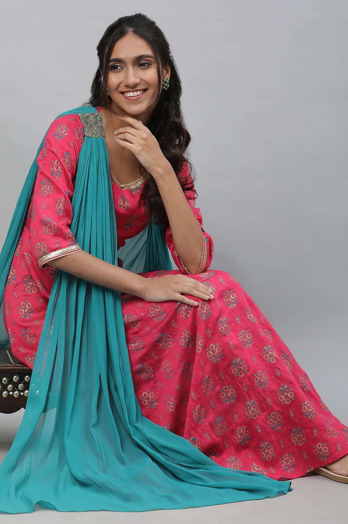 Pink Floral Printed Festive Dress with Attached Dupatta - XS