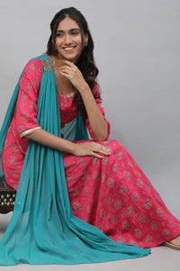 Pink Floral Printed Festive Dress with Attached Dupatta