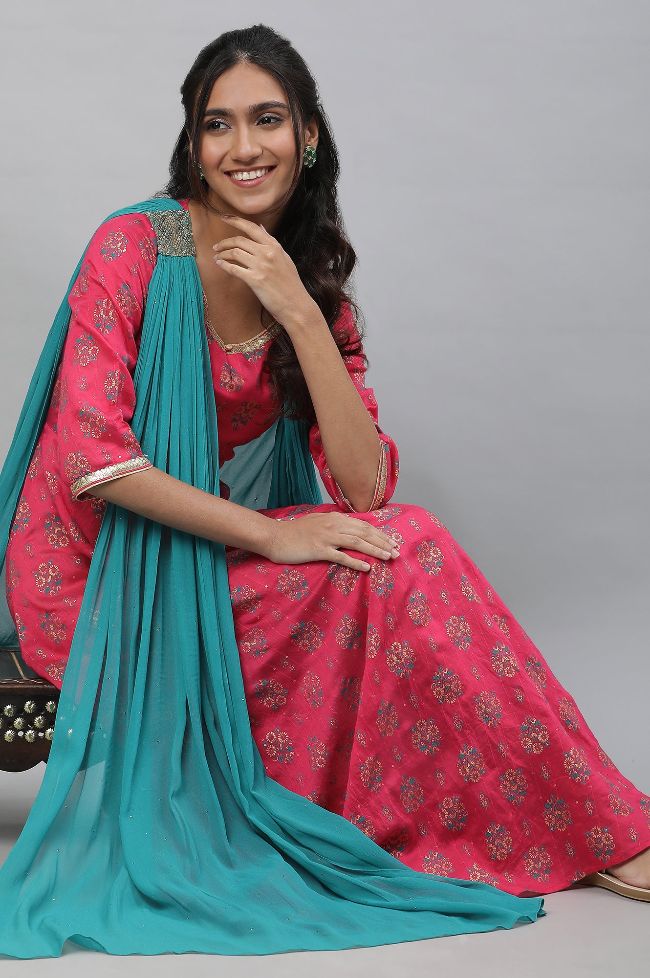 Pink Floral Printed Festive Dress with Attached Dupatta