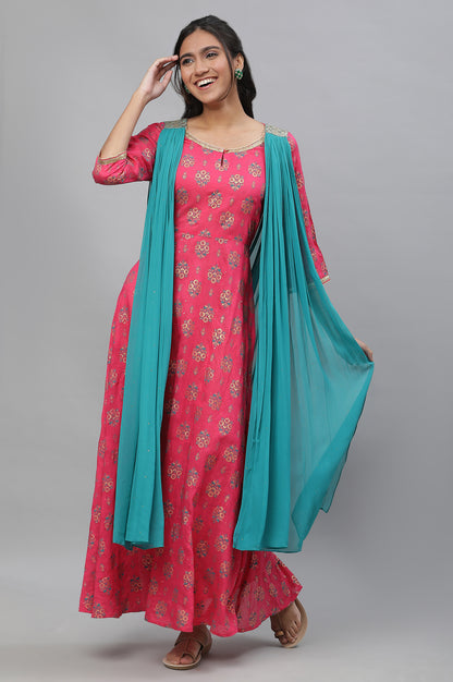 Pink Floral Printed Festive Dress with Attached Dupatta