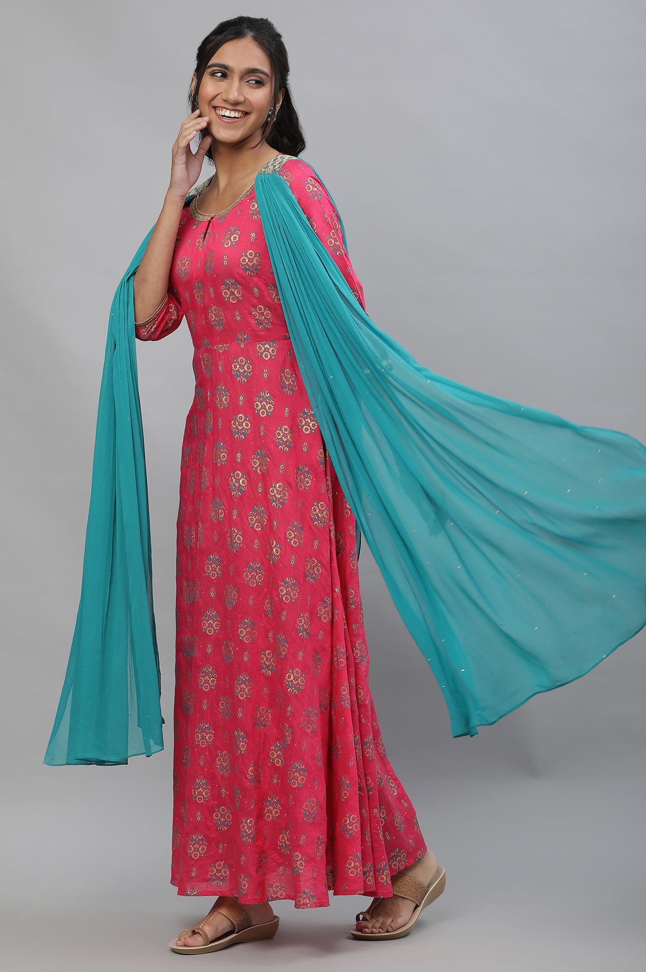 Pink Floral Printed Festive Dress with Attached Dupatta