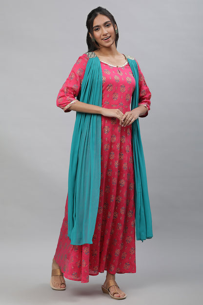 Pink Floral Printed Festive Dress with Attached Dupatta