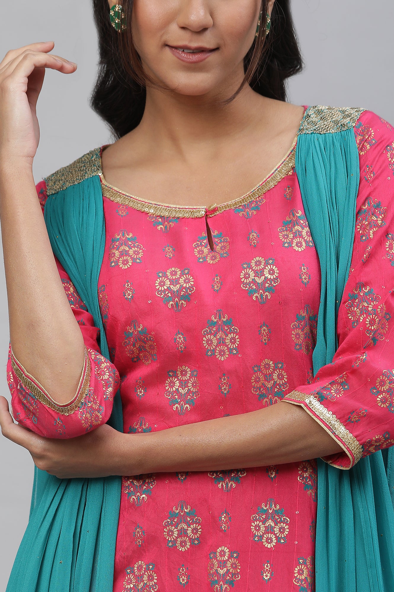 Pink Floral Printed Festive Dress with Attached Dupatta