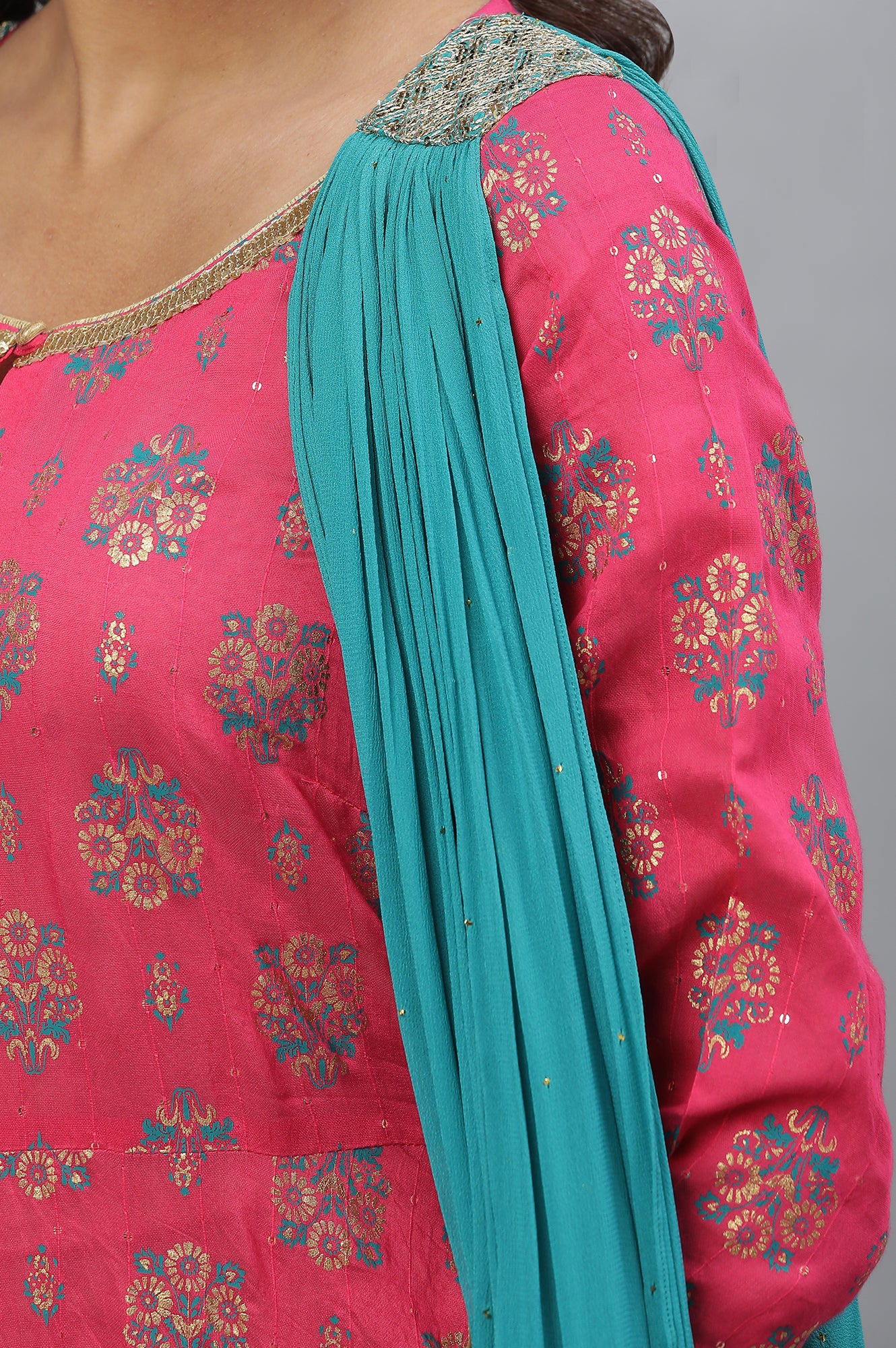 Pink Floral Printed Festive Dress with Attached Dupatta