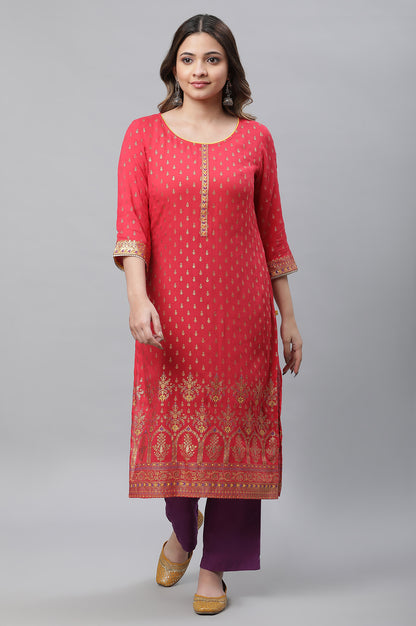 Red Foil Printed Embellished Festive Kurta