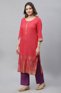 Red Foil Printed Embellished Festive Kurta