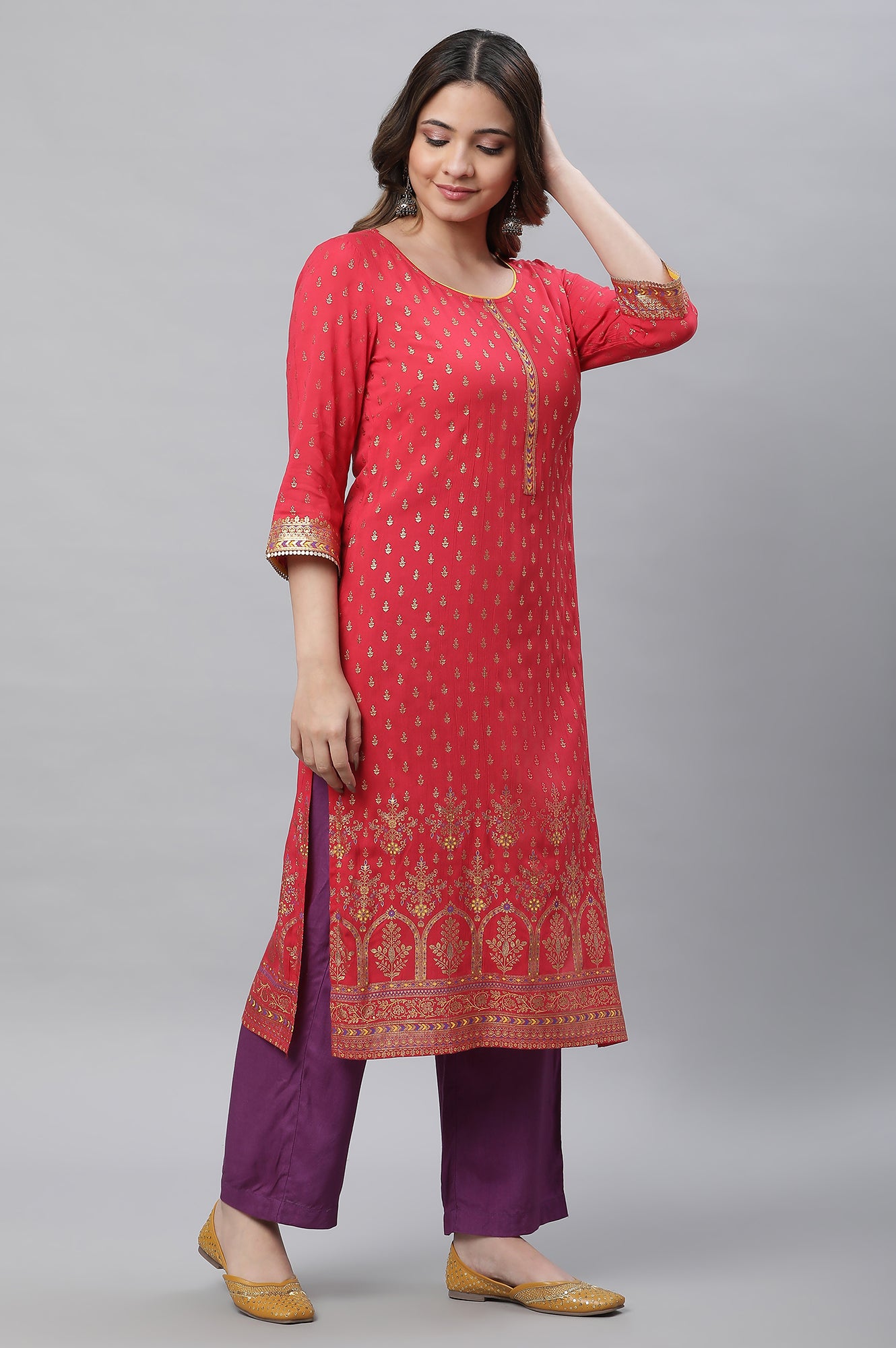 Red Foil Printed Embellished Festive Kurta