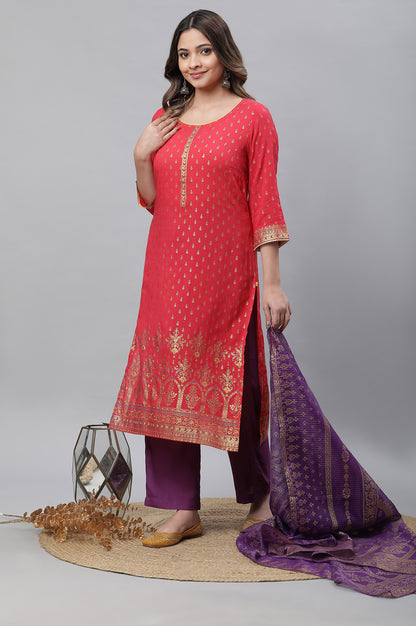 Red Foil Printed Embellished Festive Kurta