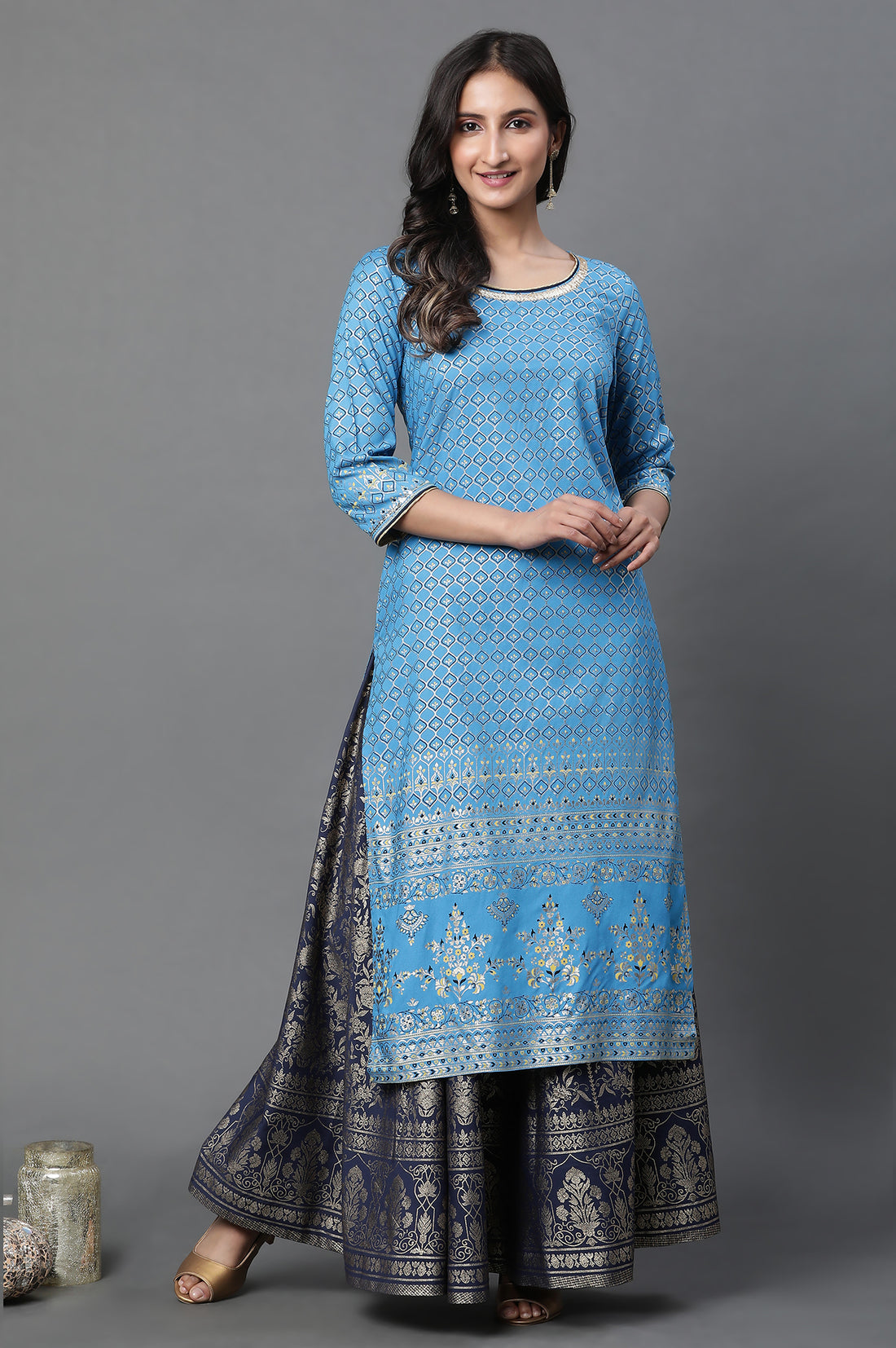 Blue Printed Foil Print Straight Woven Kurta