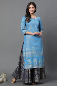 Blue Printed Foil Print Straight Woven Kurta