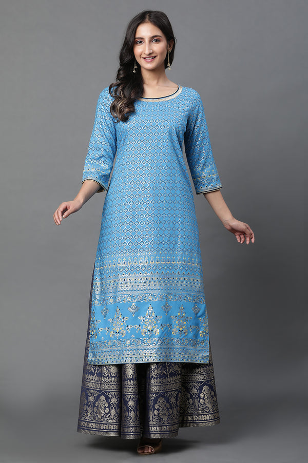 Blue Printed Foil Print Straight Woven Kurta