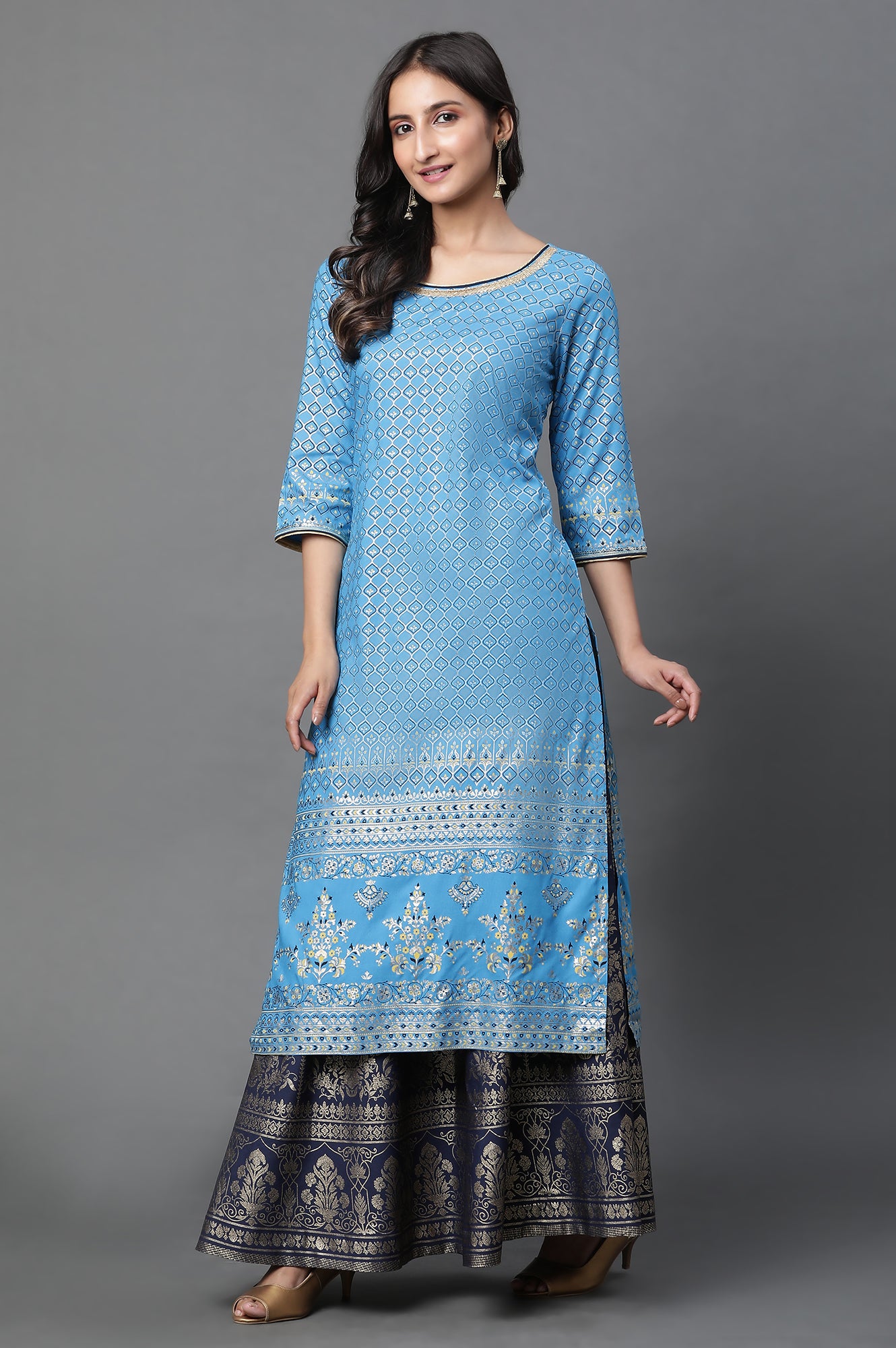 Blue Foil Printed Festive Kurta