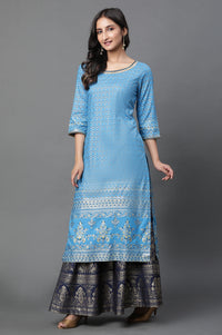 Blue Printed Foil Print Straight Woven Kurta