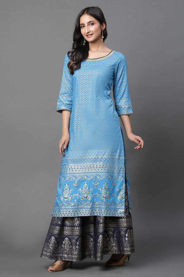 Blue Printed Foil Print Straight Woven Kurta