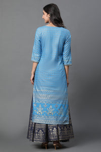 Blue Printed Foil Print Straight Woven Kurta