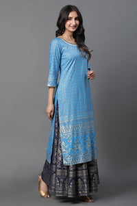 Blue Printed Foil Print Straight Woven Kurta