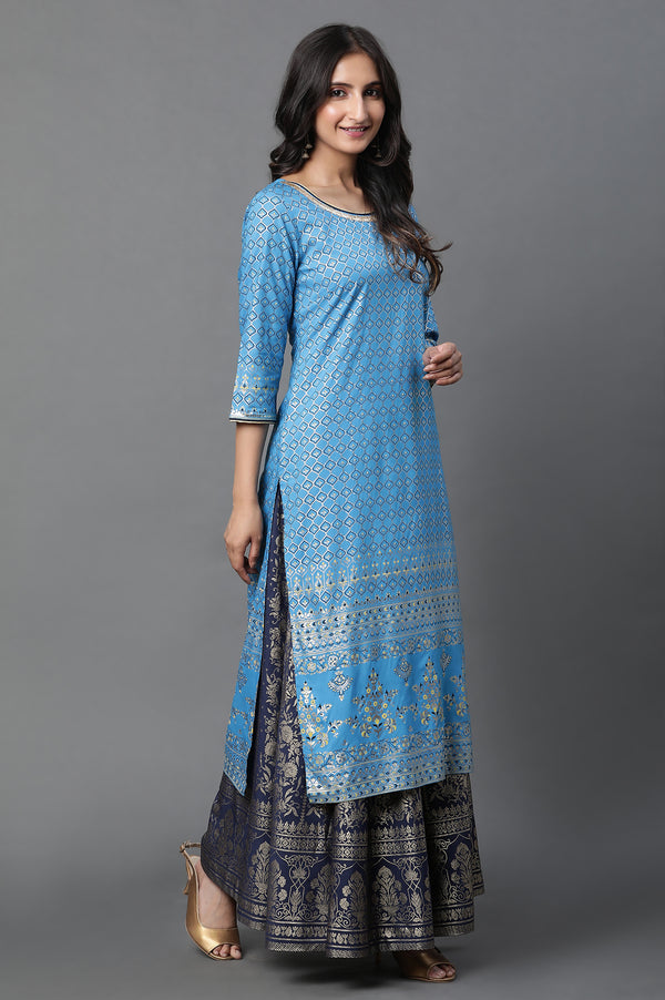 Blue Printed Foil Print Straight Woven Kurta