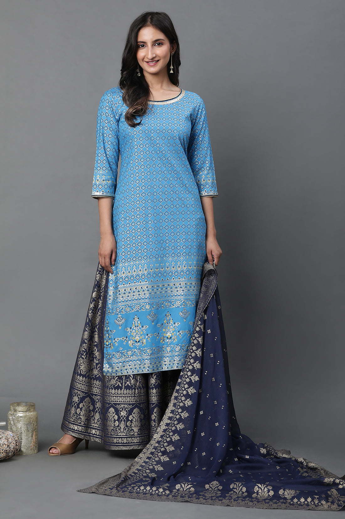 Blue Printed Foil Print Straight Woven Kurta