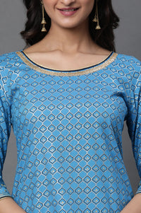 Blue Printed Foil Print Straight Woven Kurta